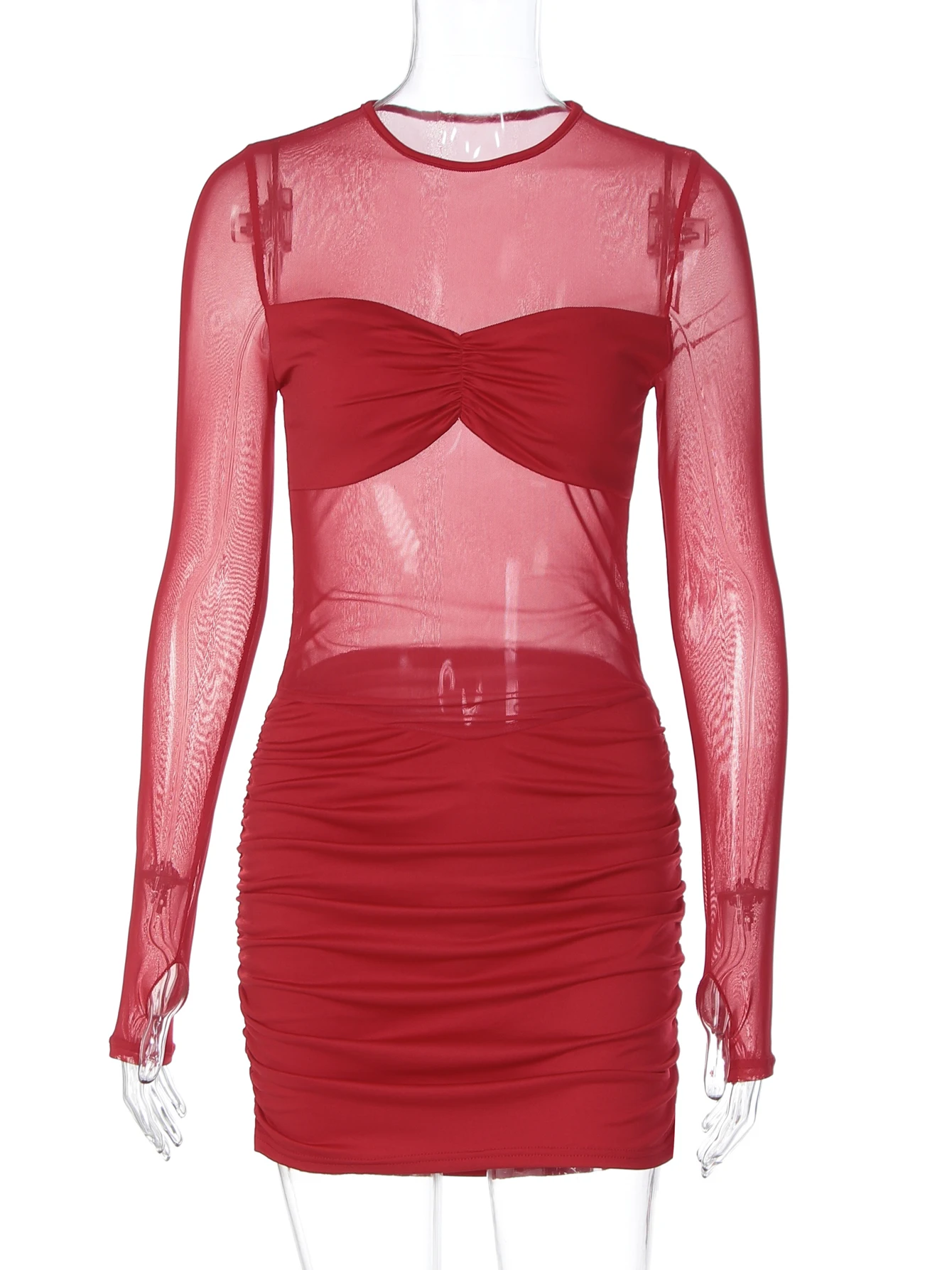 Dulzura Autumn Fashion Sexy O-Neck Long Sleeve Ruched Slim Sheer Mesh Mini Dress Women'S Solid Elegant Dress Party Club Clothes