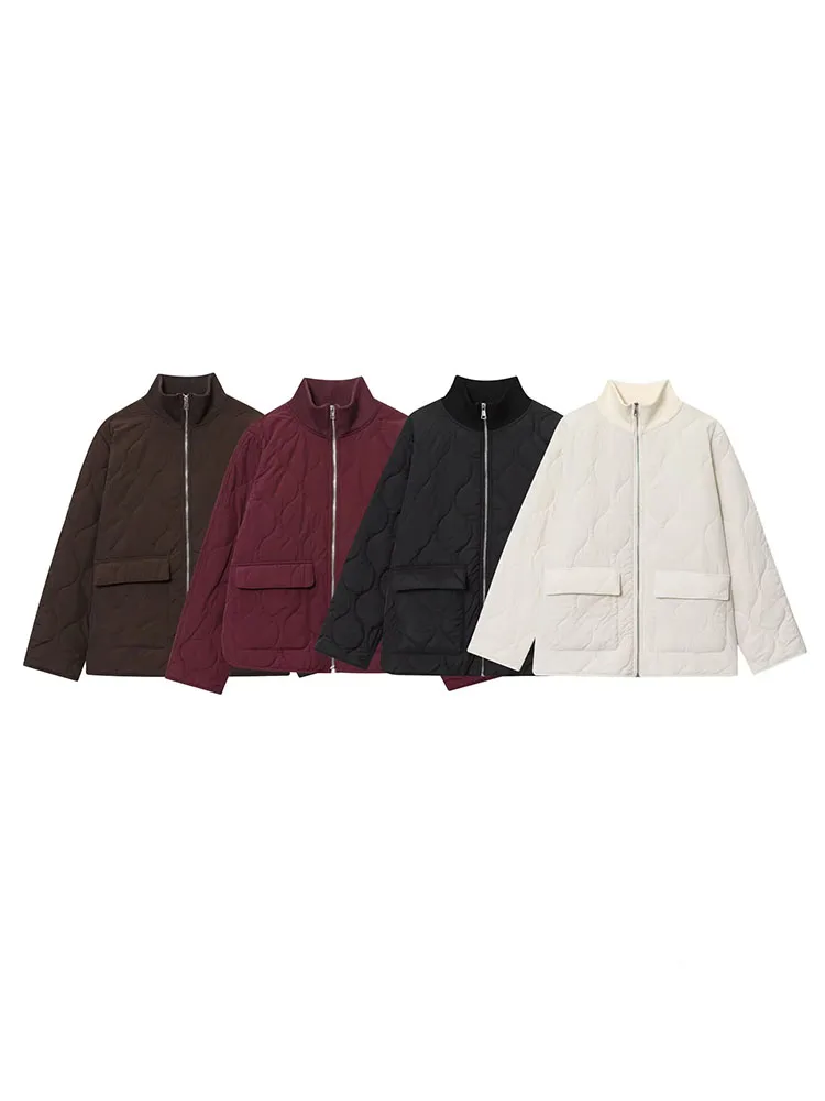 

HH Women's Winter Fashion Simple Casual Oversized Quilted Cotton Jacket Female Stand Collar Zipper Long Sleeve Warm Jacket Mujer