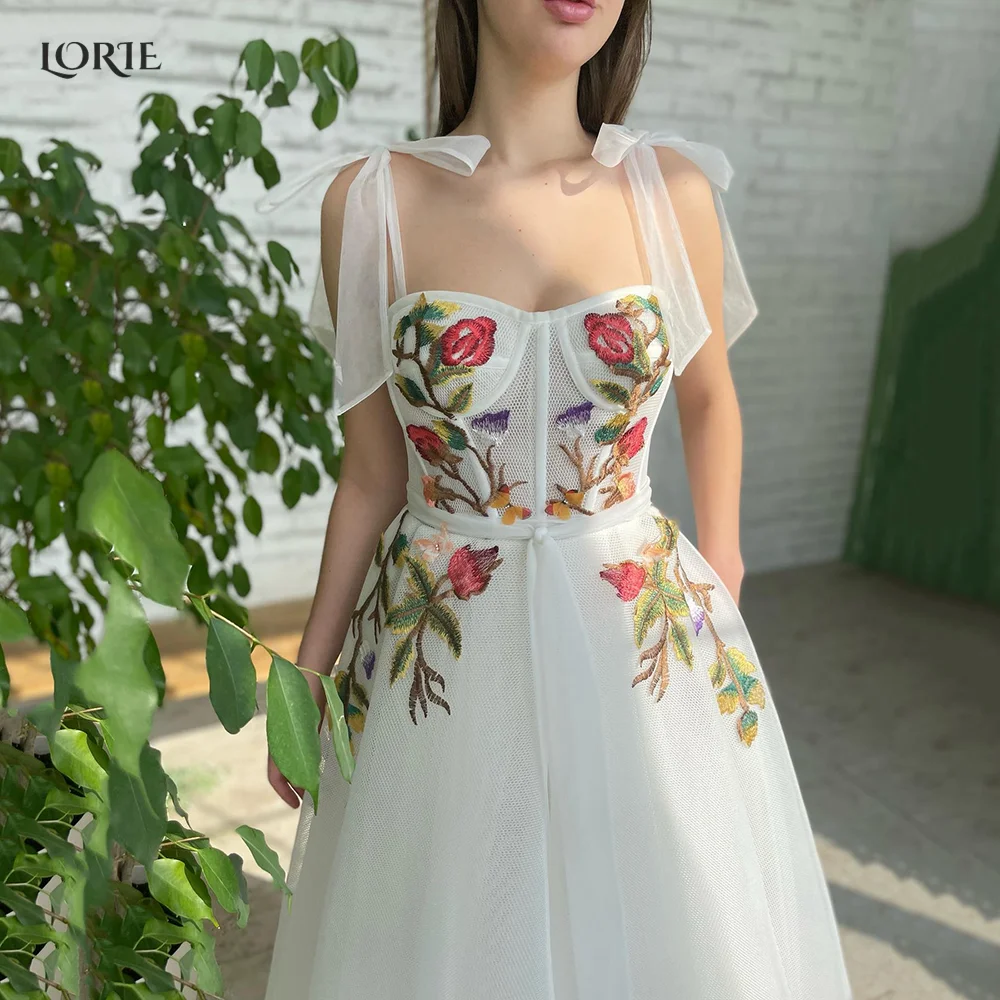 LORIE 2022 Elegant Colorful Flowers Lace Party Gowns A-Line Tie Straps Formal Dresses Ankle-Length White Boho Party Prom Dress