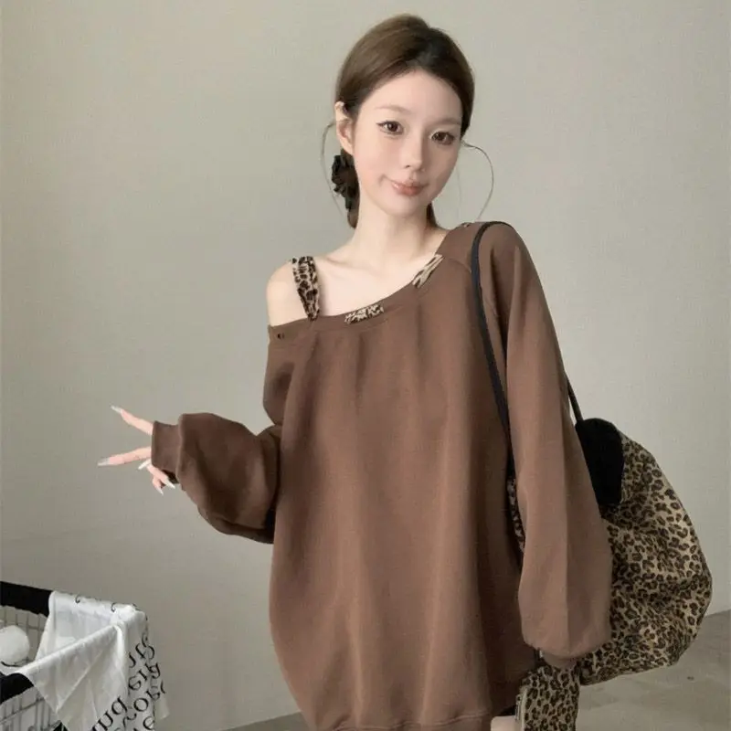 Leopard Stripe Lace Up Loose Hoodies Spring Autumn New Long Sleeve Solid Color Trend Pullovers Top Fashion Casual Women Clothing