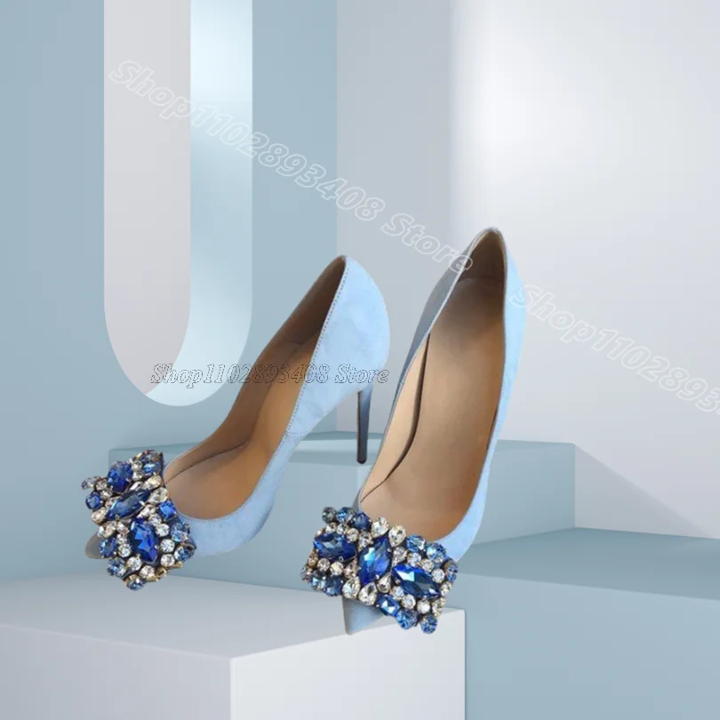 

Blue Crystal Decor Elegant Pumps Slip on Leather Pointed Toe British Style for Women Party Casual Shoes 2025 Zapatos Para Mujere
