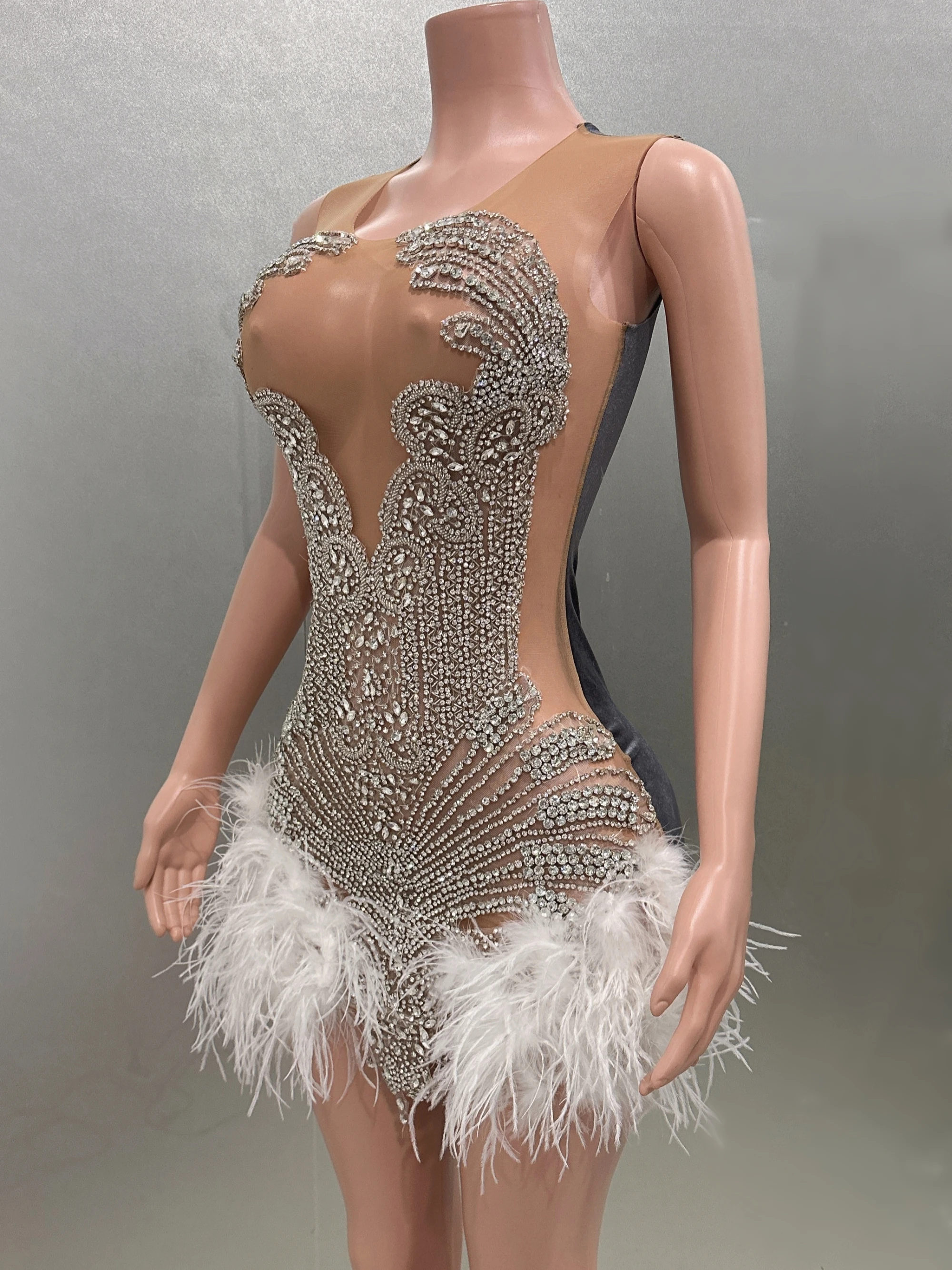 Sparkly Rhinestone White Feather Sexy See-Through Sheath Dress Evening Party Performance Costume Bar Nightclub Singer Stage Wear