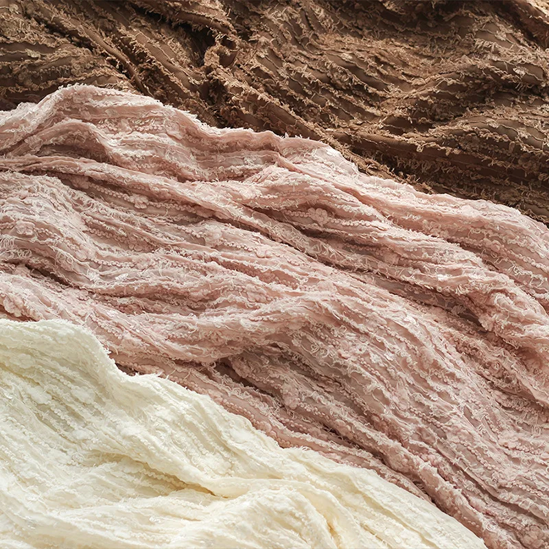 140Cm wide New Crinkle Chiffon Embroidery Fuzzy Crochet Striped Wrinkled Twist Embroidered Fabric for Women Fashion Dress