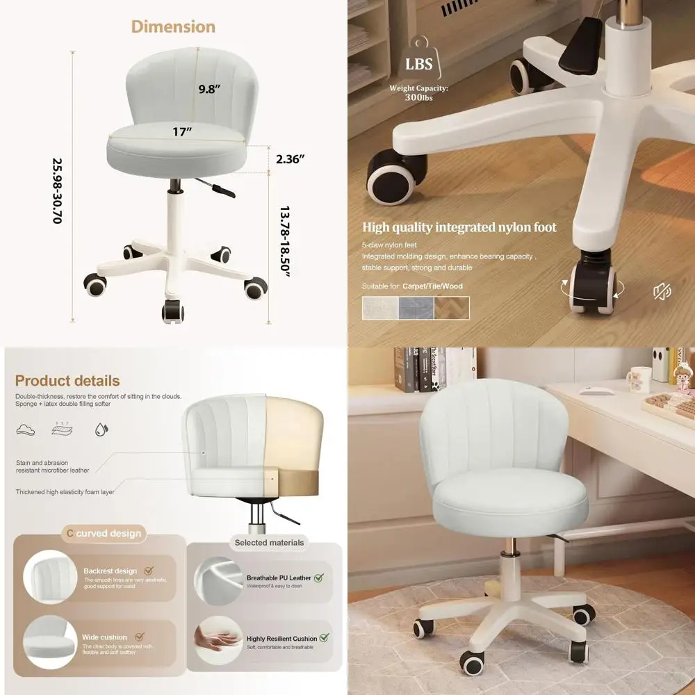 

Adjustable Height Swivel Desk Chair with PU Leather, Round Rolling for Home Office & Bedroom