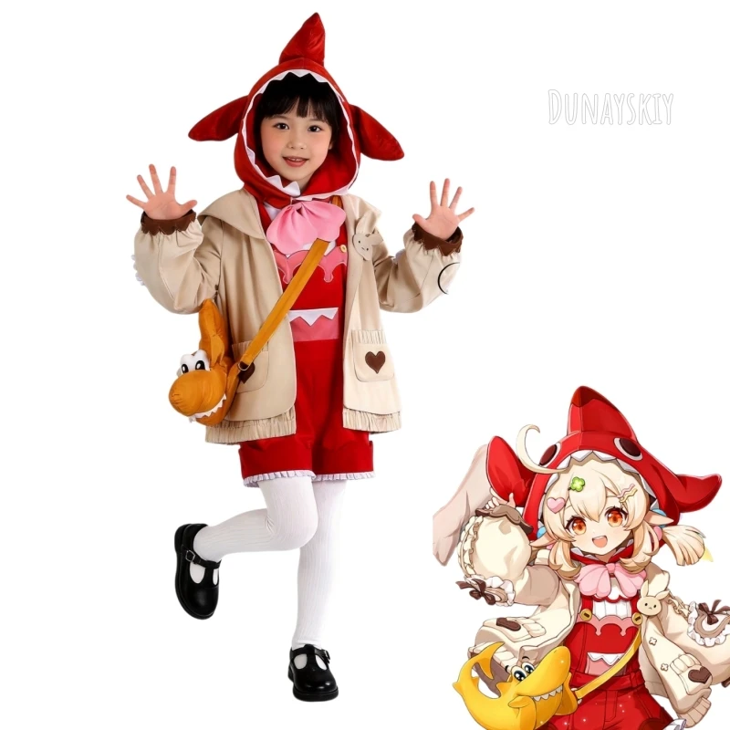 Genshin Impact Klee Crunchy Shark Cosplay Costume Cute Full Casual Outfit With Shark Bag Fit For Height 110cm Or Above Halloween view 2