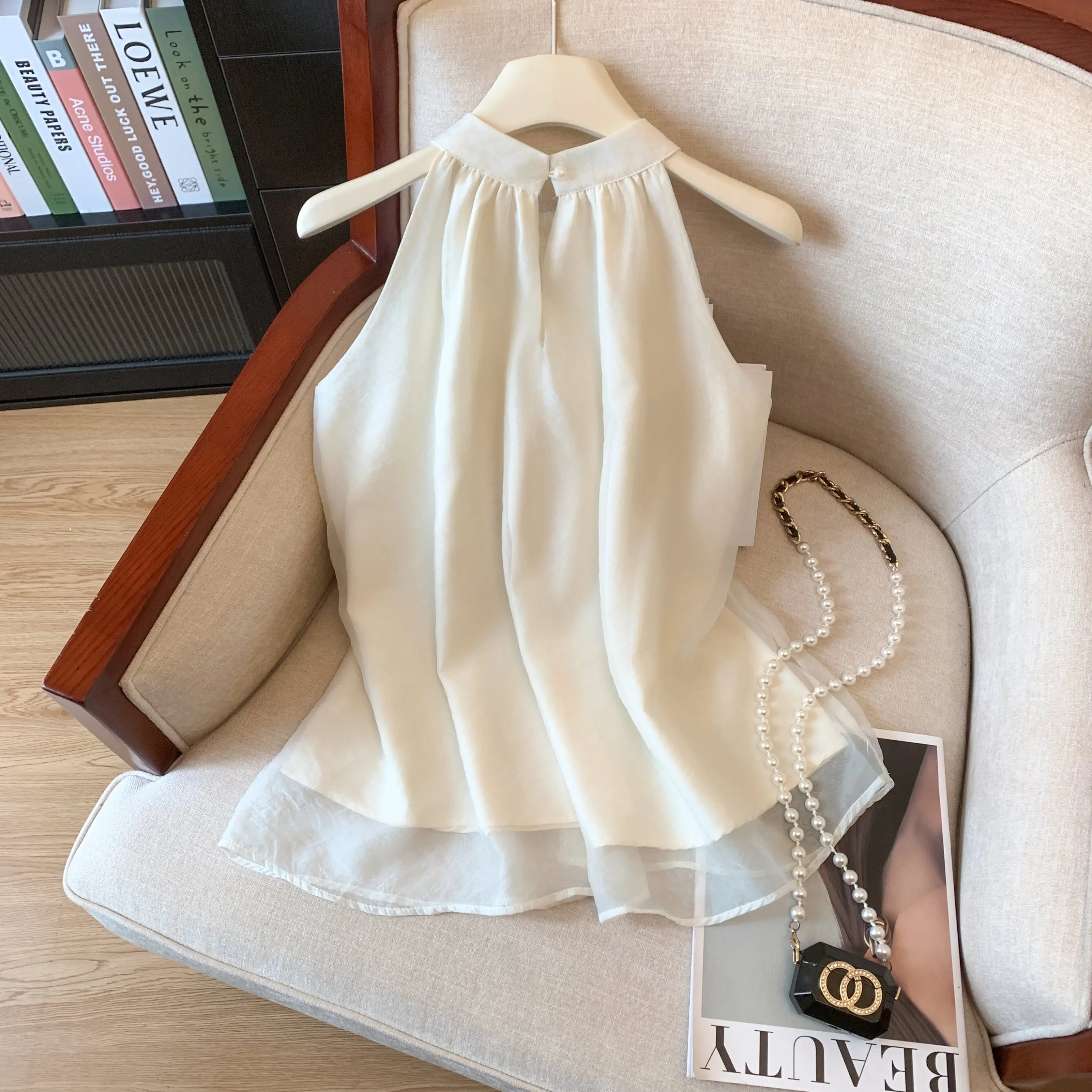 النمط الفرنسي الماس سترة بلايز 2026 الصيف ملابس حريمي بلا أكمام معلقة الرقبة البلوفرات بلوزة فضفاضة الحلو سيدة قميص #4