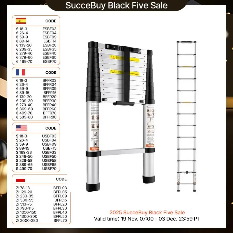 VEVOR Escalera Telescópica de Aluminio Altura de 380cm Escalera de Extensión Plegable Portátil Capacidad de 170kg con Pies Antideslizantes 1 Botón de Retracción para Reparaciones de Hogar Autocaravana