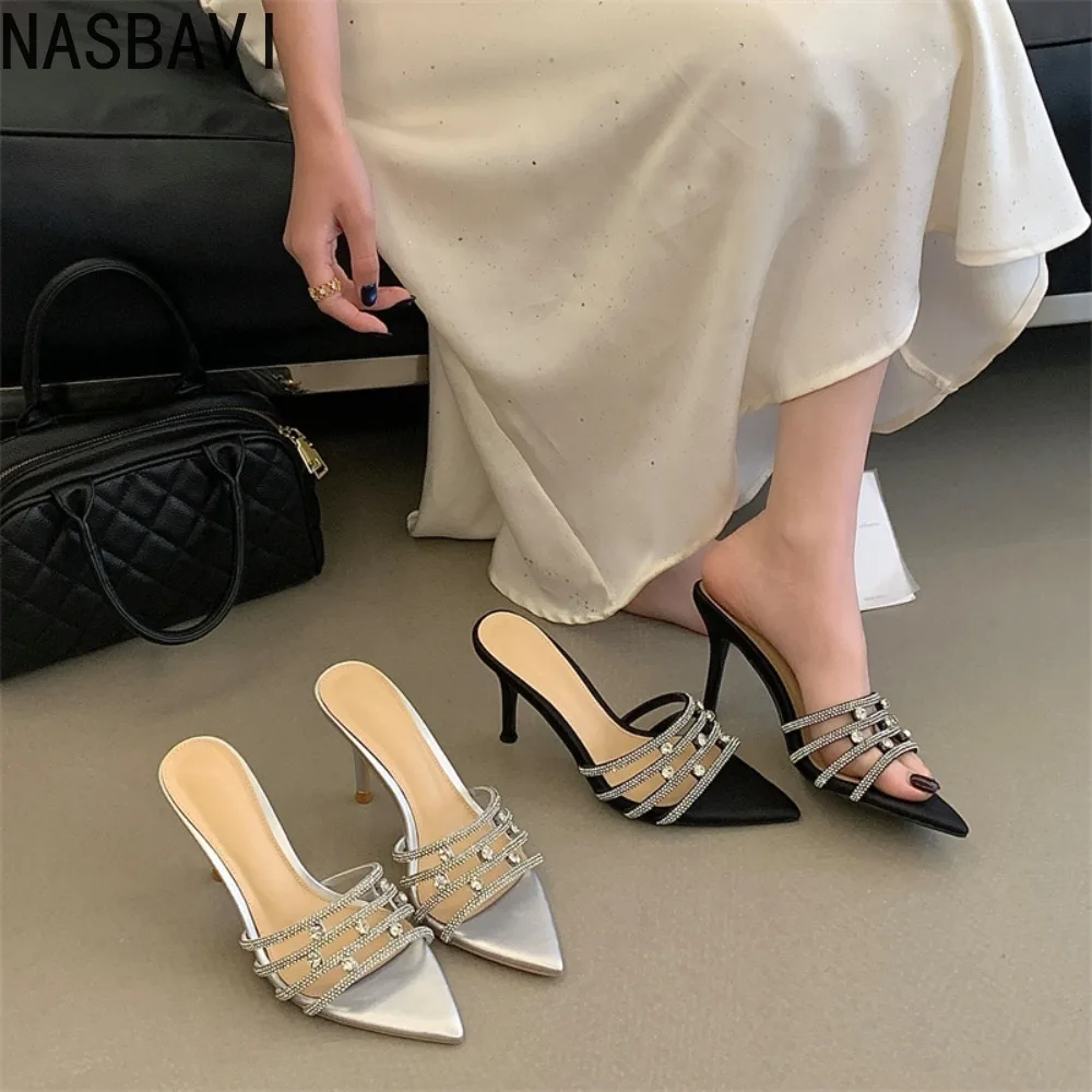 

Fashion Crystal Rhinestone Thin High Heels Slippers Summer Pointed Toe Open Toes Woman Retro Slippers Party Dress Shoes New