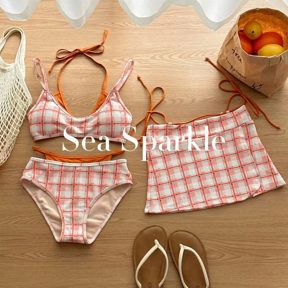 Vintage Niche Plaid Splicing Split Swimsuit Three-piece Resort Hot Spring