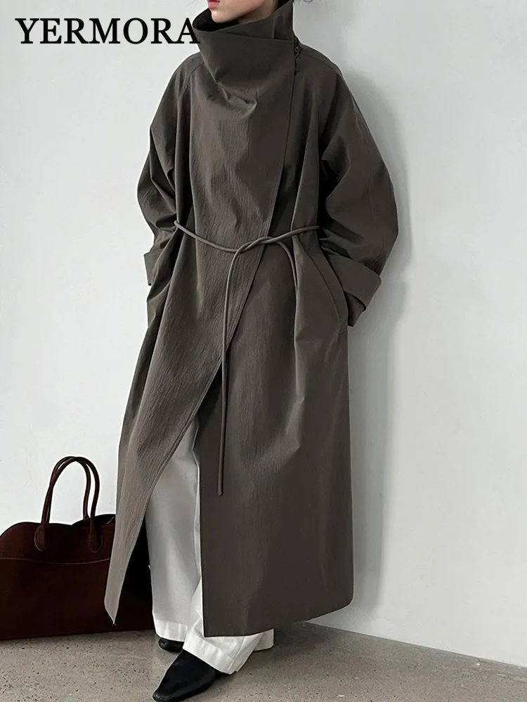 

YERMORA Gray Belted Brief Casual Trench For Women Stand Collar Long Sleeve Loose New Windbreaker Fashion Tide Spring Autumn 2025