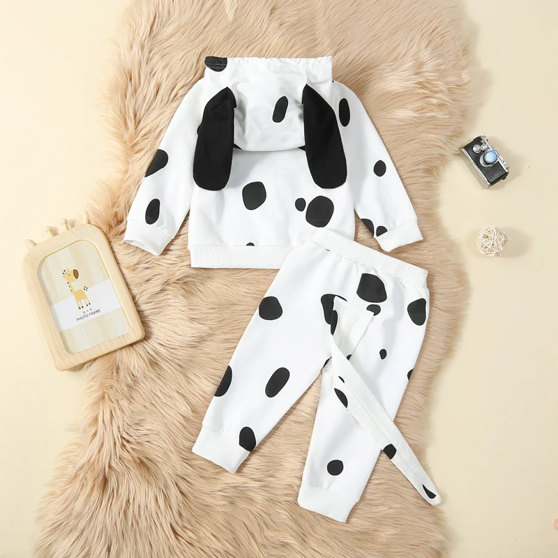 Baby Girls Boys Speckle Print Costume Long Sleeve Zip Up Hoodie with Ears Tail Pant Set Infant Outfits Sweatpants Clothes Set image 3