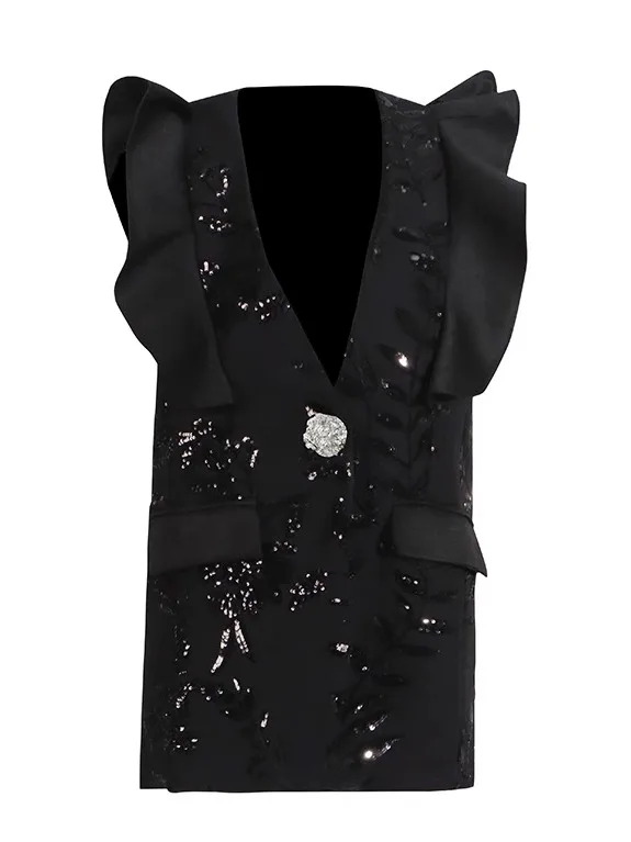 สีทึบปักSequinedเสื้อกั๊กแจ็คเก็ตผู้หญิงHigh-end Lotus Leaf Edge Tank Topsอินเทรนด์สุภาพสตรีเสื้อสูทแขนกุด