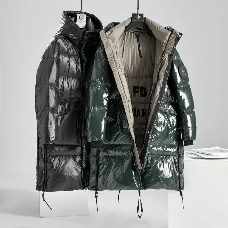 New Men Grey Duck Down Jacket Winter Coat Mid-length Below The Knees Parkas Glossy Loose Outwear Hooded Youth Overcoat