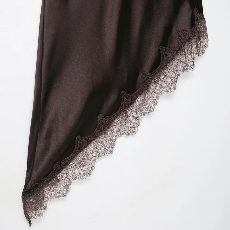 Herbst V-ausschnitt Ärmellose Asymmetrische Saum Halfter Kleid Frauen Spitze Seide Satin Textur Kleid Weibliche Sexy Party Tragen 2023 Neue