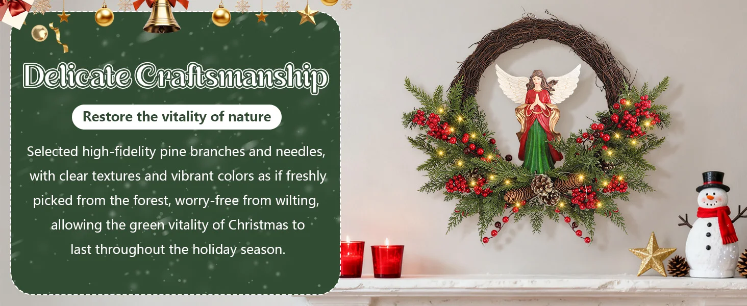 Couronne de noël à piles à 30 LED, couronne de baies d'ange pré-éclairée de 24 pouces pour porte, pas besoin de cordon, décor de vacances facile