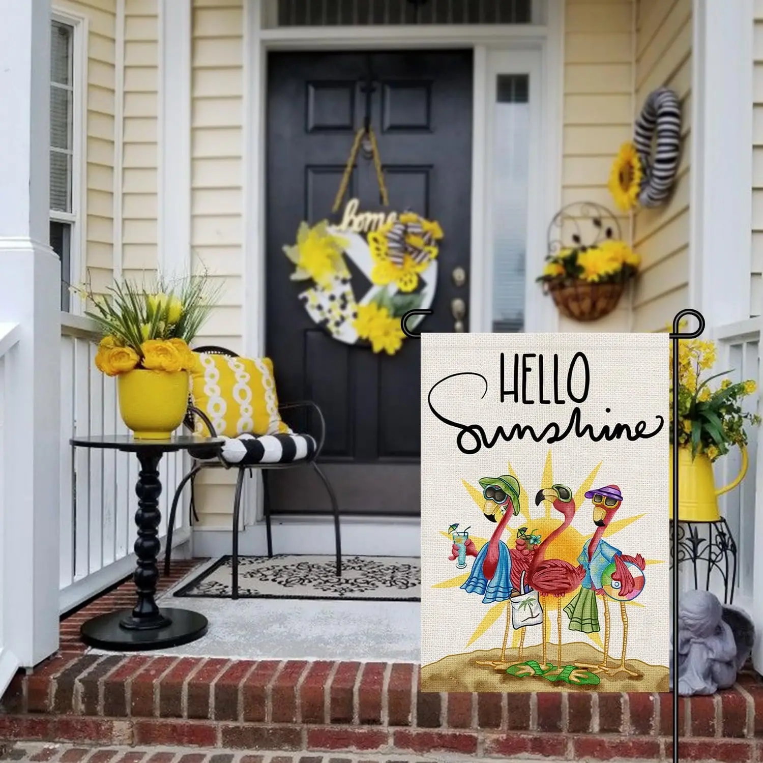 Summer Flamingo Garden Flag 12x18 Vertical Double Sided, Hello Sunshine Beach Funny Holiday Outside Decorations Burlap Yard Flag