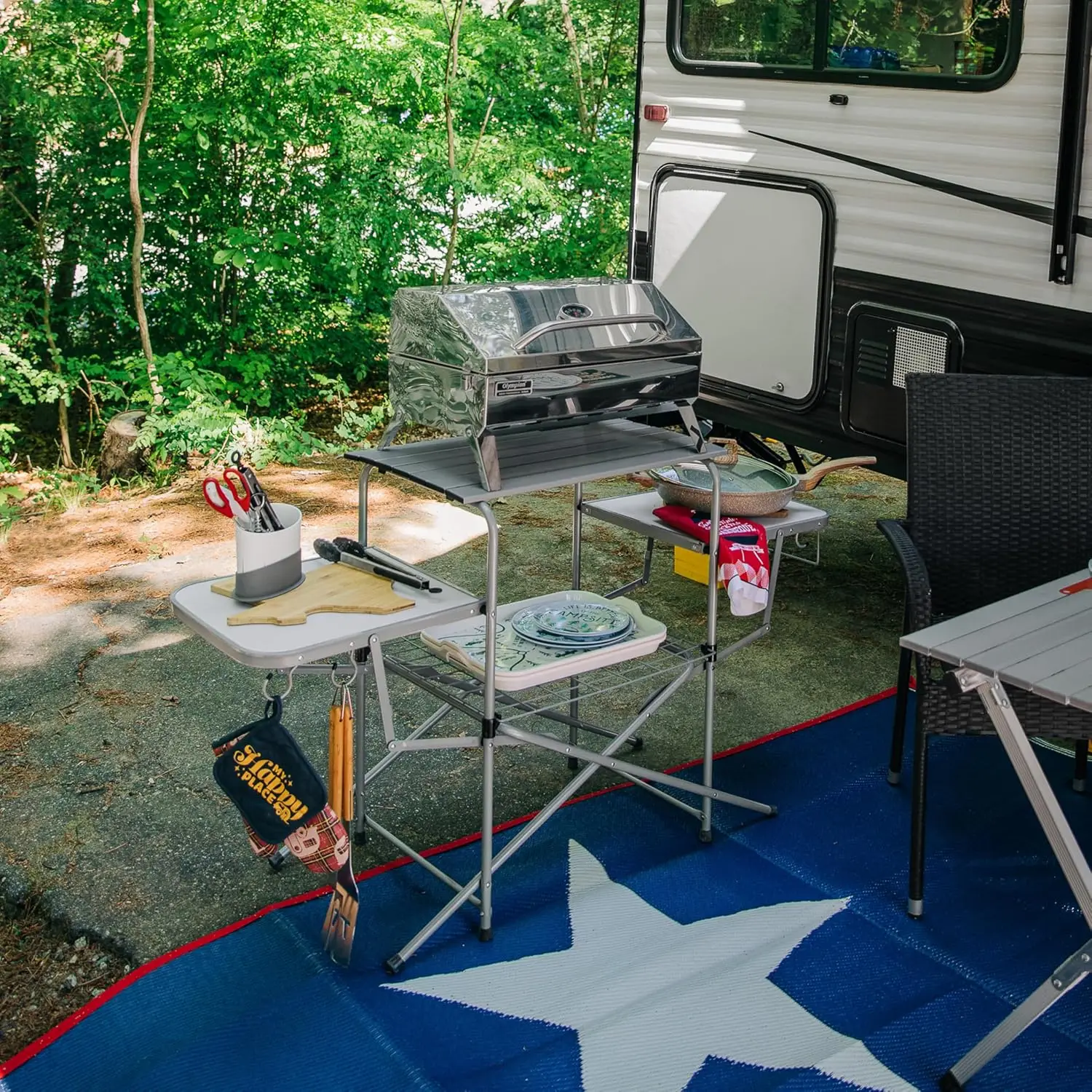 Portable Camping Grill Table Foldable Outdoor Cook Station With Side Shelves Paper Towel Holder Utensil Hooks Aluminum Top Carrying Bag Supporting Up To 100 Lbs