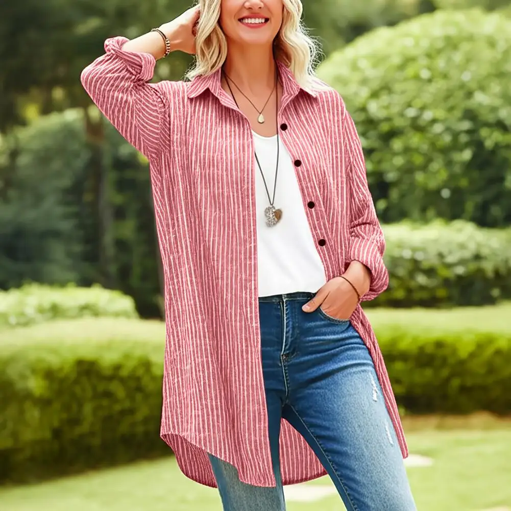 

Loose Fit Shirt Women Blouse Women’s Striped Lapel Shirt Long Sleeve Loose Fit Blouse Mid-length Top for Work Party Vacation