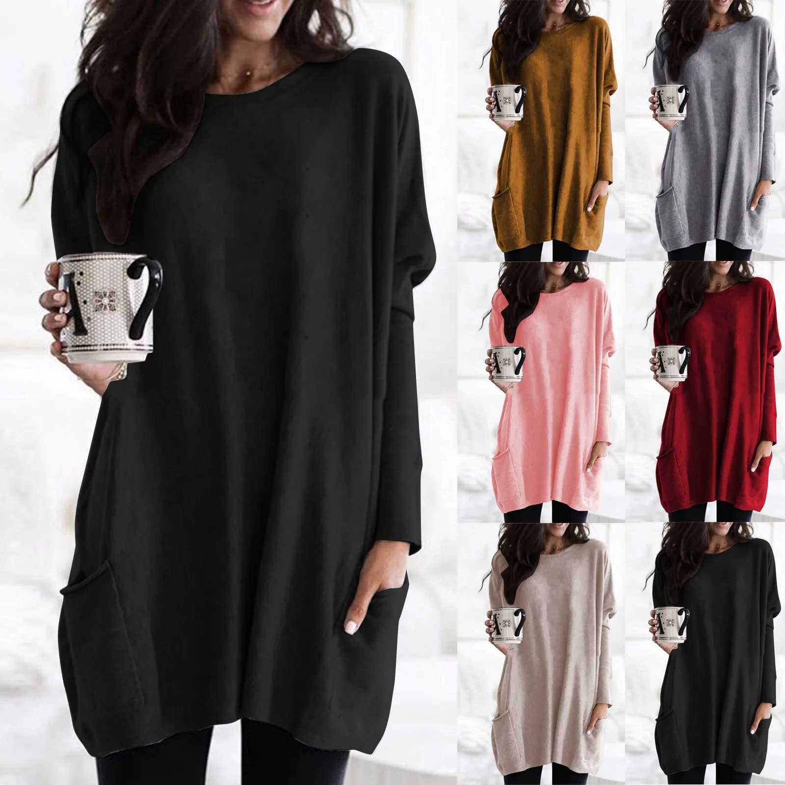 Shirts Long Sleeved Women Round Neck Button Long Sleeve Top Solid Color Pullover Pocket Loose Casual T Cotton Womens Blouse