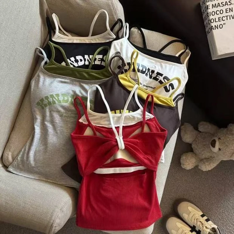 2026 Spring/Summer New Style Pure Desire Wind Contrasting Color Fake Two Piece Strap Small Top With Chest Cushion For Inner