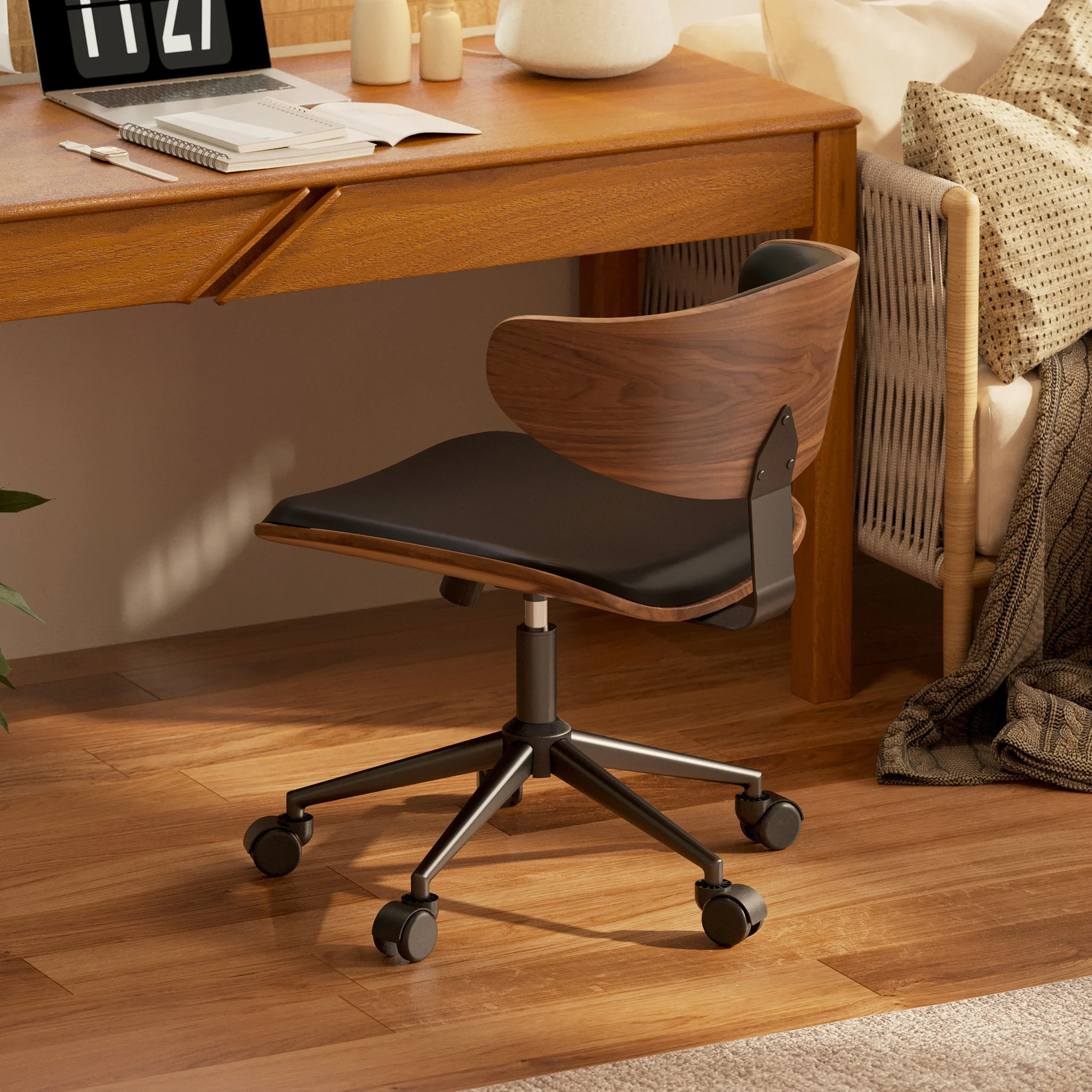 wt-Vintage Computer Home Study Office Backrest Lift Rotate Desk Solid Wood for Chair 5-Star Base Casters#