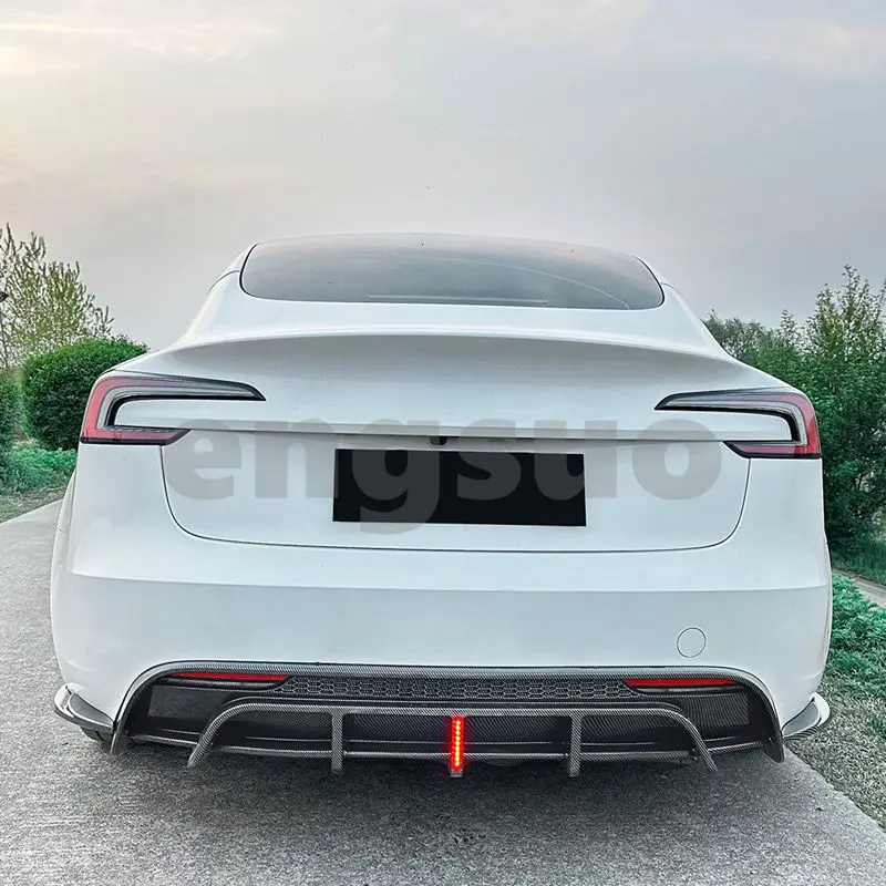

For Tesla Model 3 Highland 2024+ Glossy Black Rear Bumper Diffuser Carbon Fibern PP Material Rear Lip LED Pilot Light