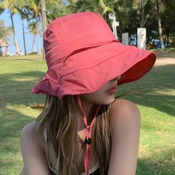 Korean Strap Bucket Cap for Women Large Brim Cotton Sun Protection Hat Summer Thin Quick-Drying Visors Girls Foldable Basin Hats