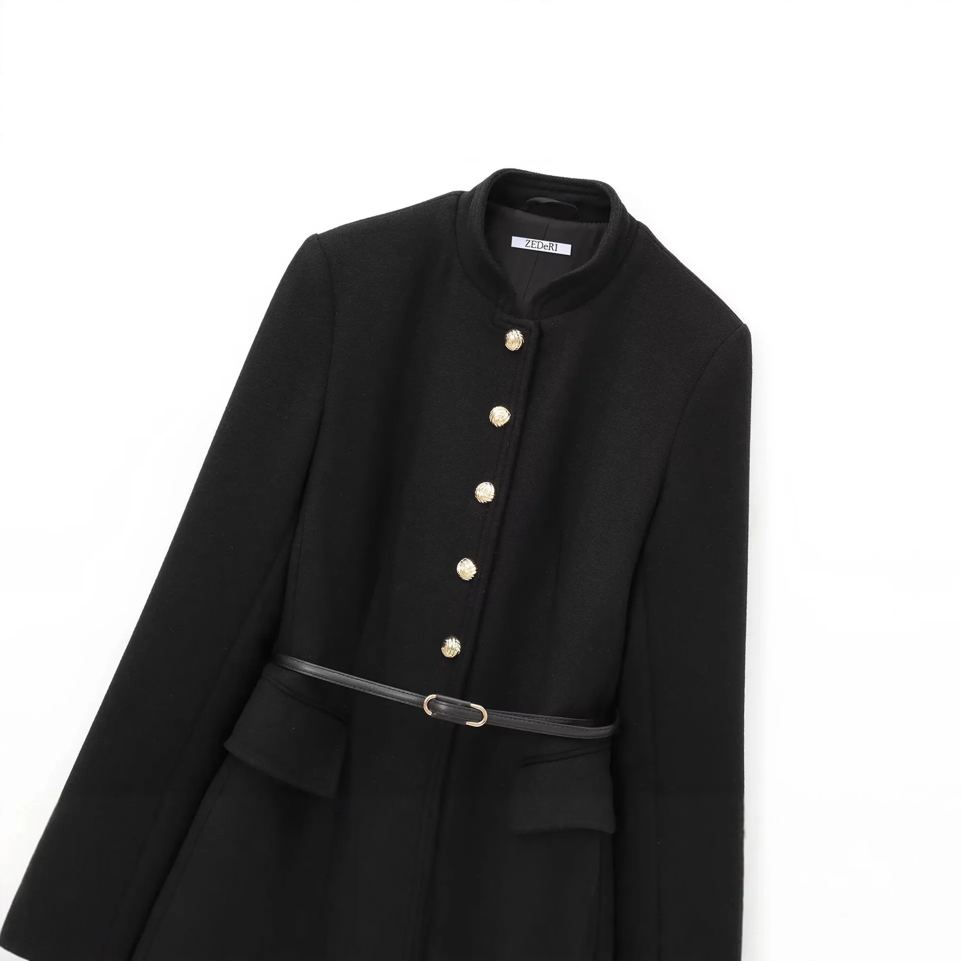 Faionable Wollmantel Damen Mittellang Stehkragen Gürtel Oberbekleidung Vintage Sle Reine Farbe Herbstsaison Damen Jaet