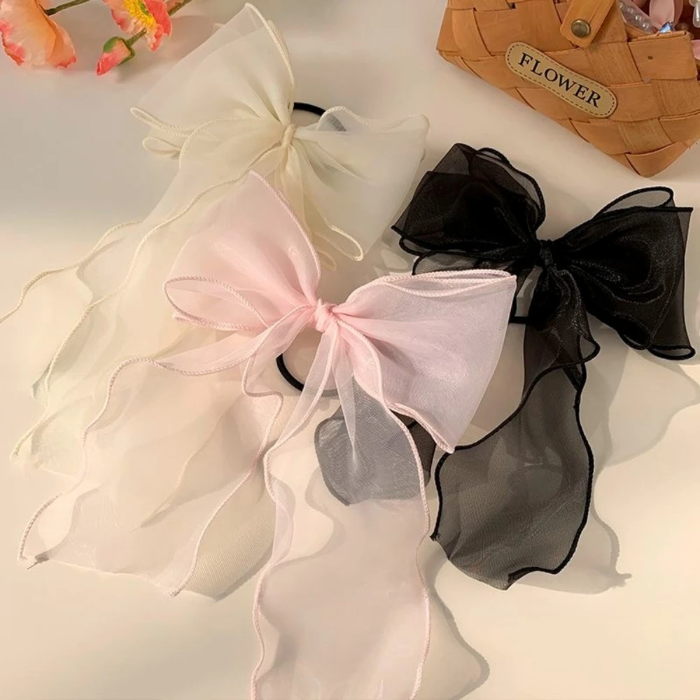 White Black Organza Bow Fluttering Ribbon Hair Ties for Women French Female Headdress Elastic HairRope Girl Hair Accessories view 3