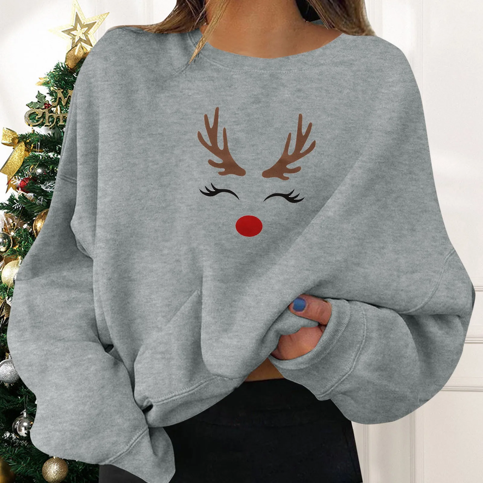 Christmas Sweatshirts Women'S Holiday Pullovers Graphic Print Crew Neck Long Sleeve Tops Casual Versatile Raglan Sweatshirts