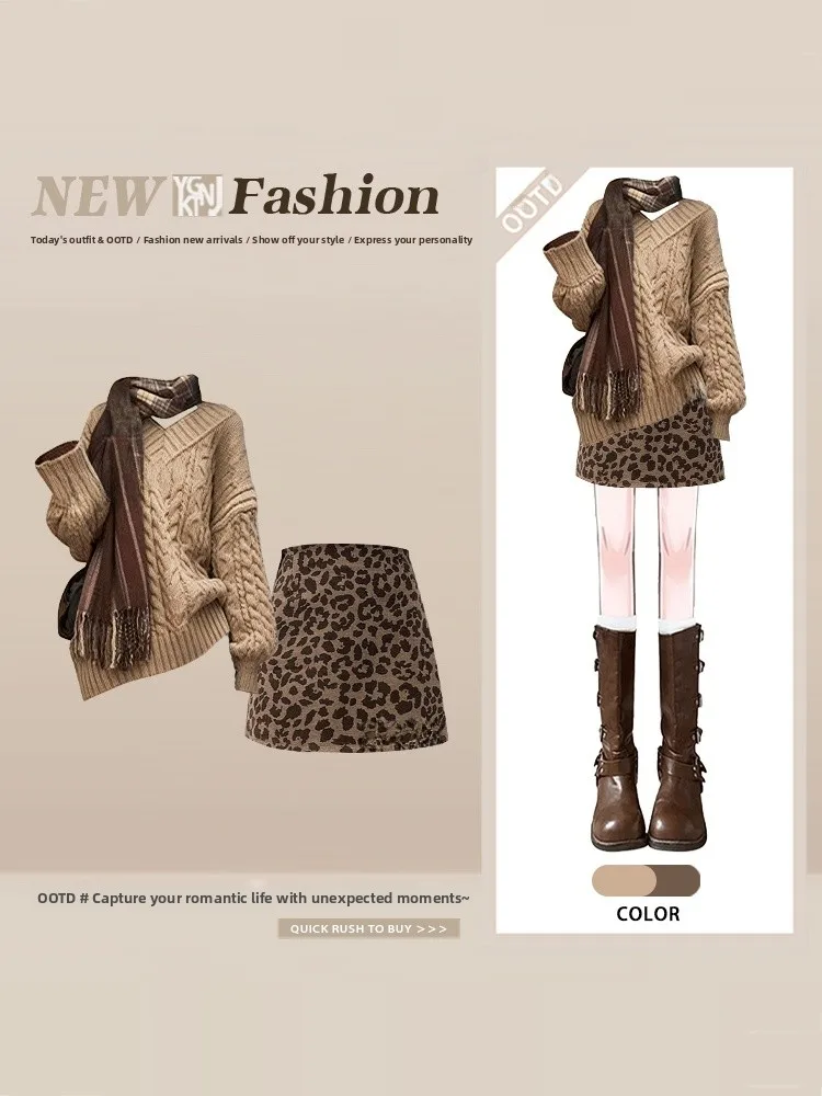 

Вязаный свитер в стиле ретро, юбка с леопардовым принтом, комплект из двух предметов, милый пикантный комплект для девочек, зимняя мода для похудения, комплект Ele Sle