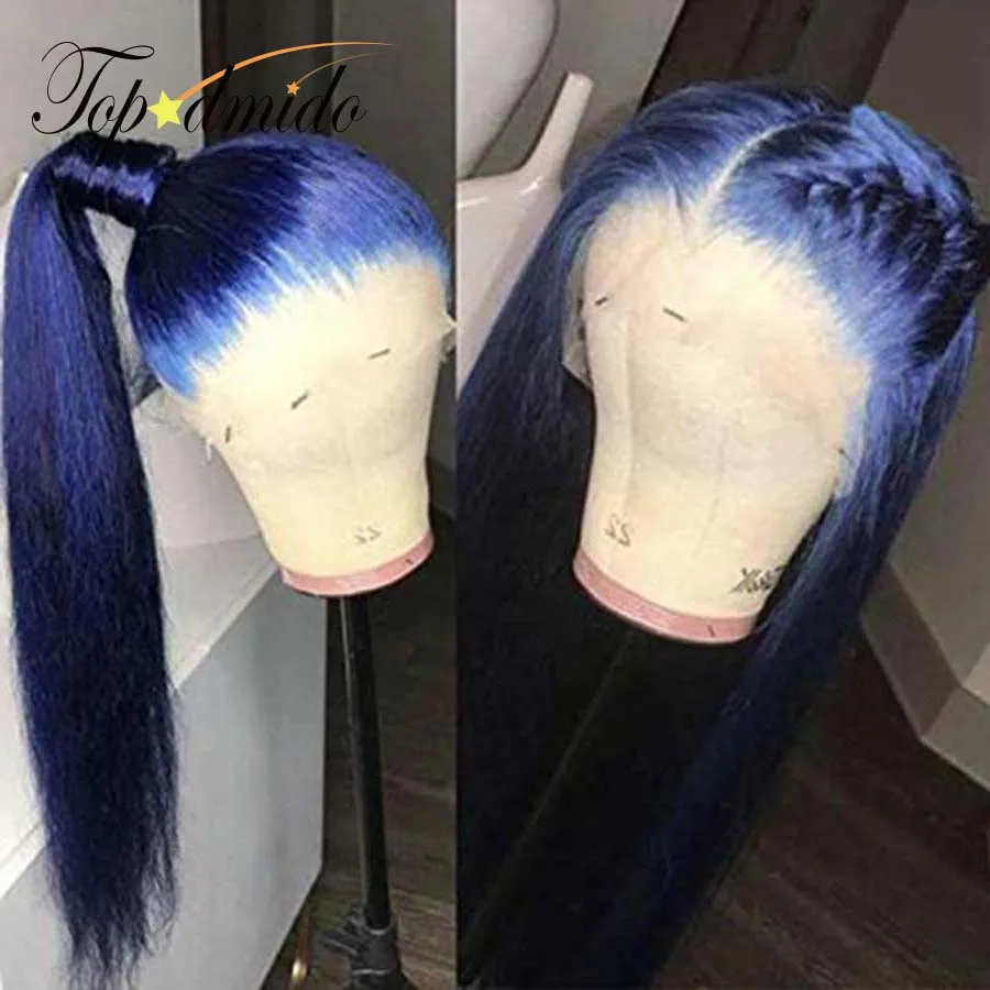 Topodmido Dark Blue Color 13x4 Brazilian Hair Wig with Baby Hair Remy Human Hair Transparent Lace Front Wig for Woman Glueless