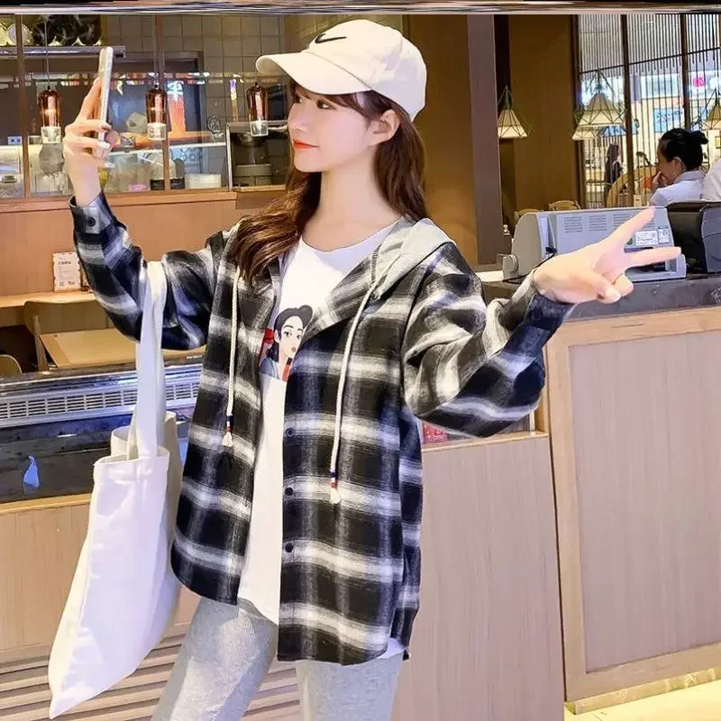 Women's Plaid Hooded Shirt Korean Fashion Long Sleeve Top Loose Coat Light Thin Jacket Cheap Wholesale Tops Women New