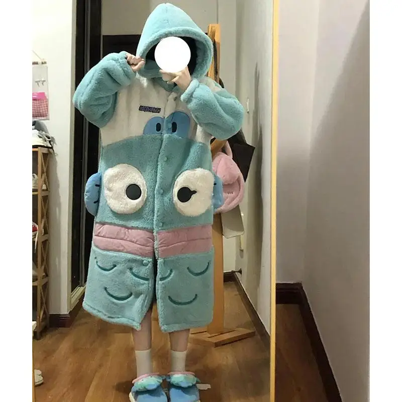 Anime Sanrios Velvet Thickened Coral Velvet Women's Pajamas Autumn Winter Hooded Home Clothes Warm Cartoon Hangyodon Nightgown