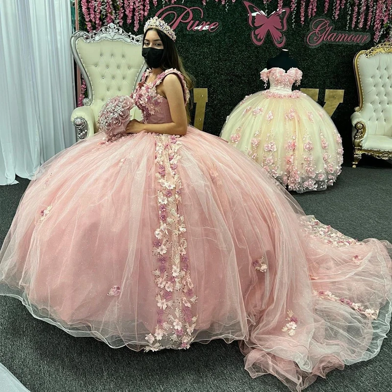 Customized Pink Quinceanera Dresses 2023 Ball Gown Flowers Appliques Beading Sweet 15 16 Dress Vestidos De 15 Anos YQD214