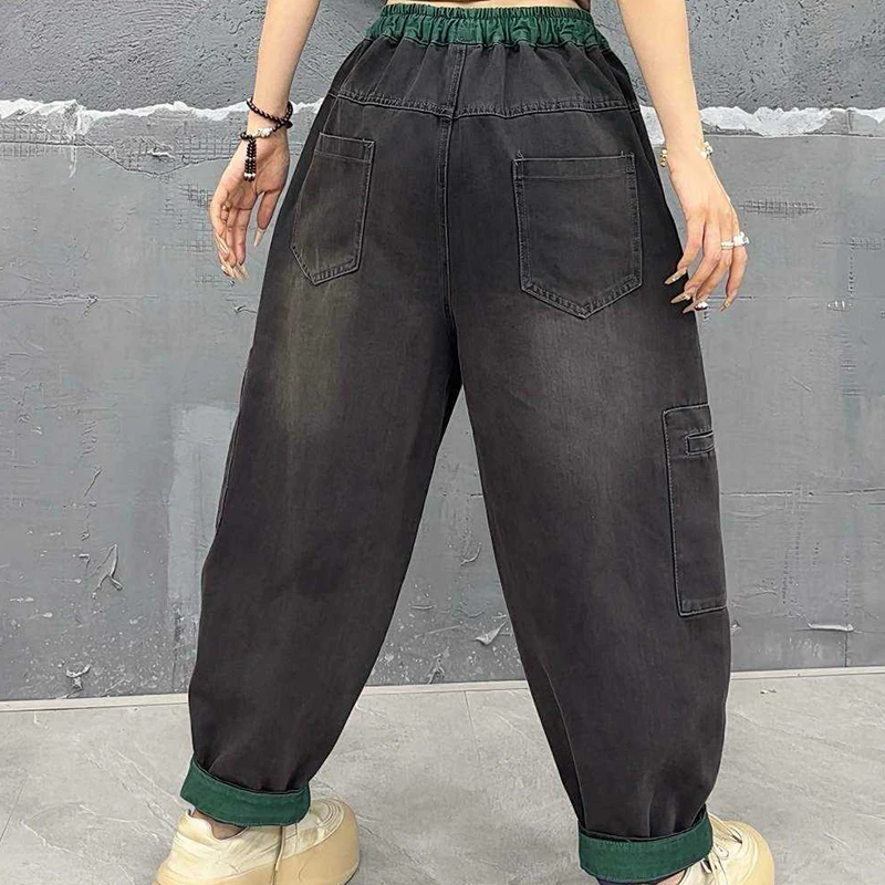 Masss Wasss Fashion Design Women Fall Casual Jeans Loose Vintage Harem Trousers Ladies Classic Striped Elastic Waist Denim Pants