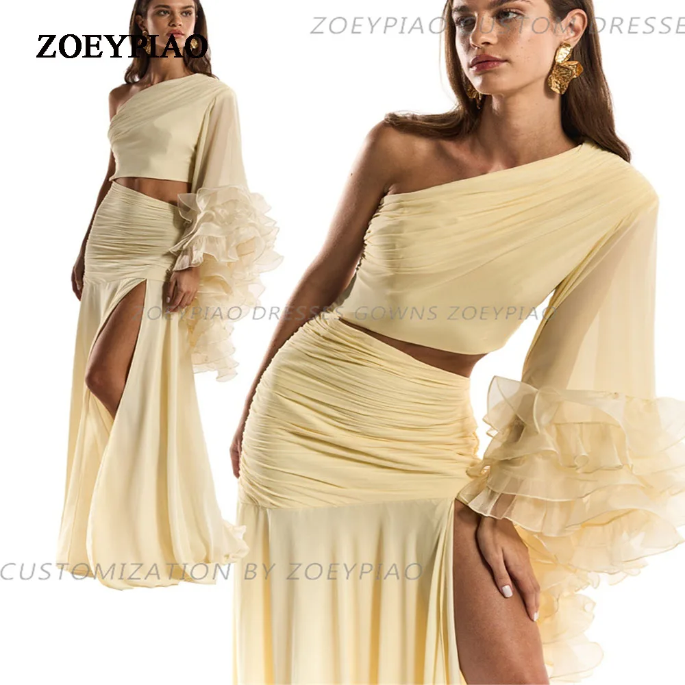 

Elegant Yellow Arabic Prom Dresses One Long Sleeve Mermaid Side Slit Chiffon Modern Abendkleider Dubai Formal Occasion Dress