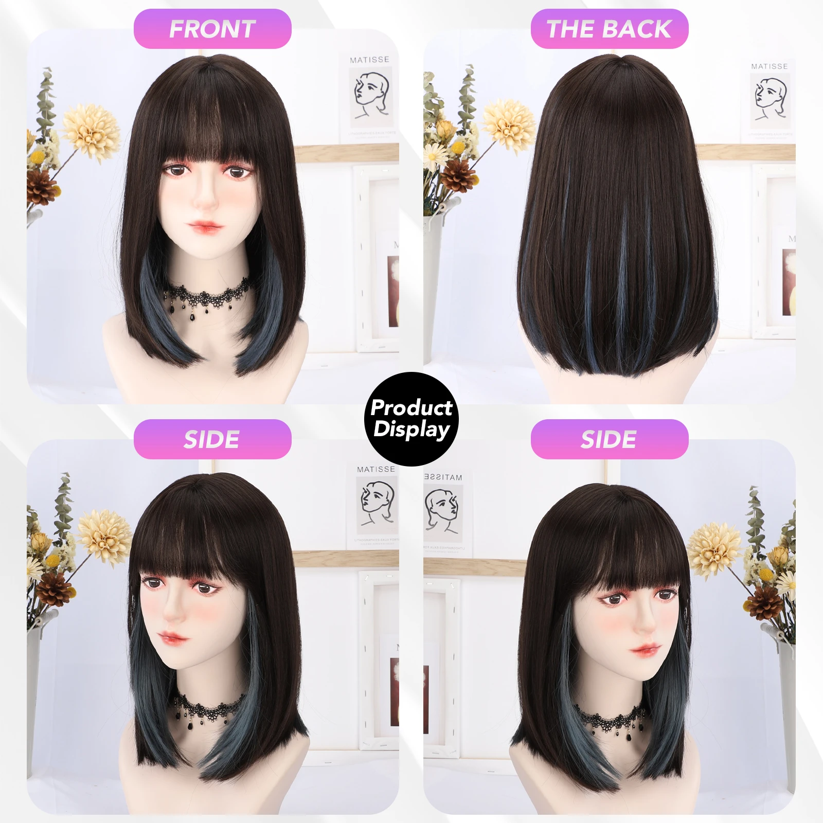 MEISU Bob 16 Inch Black Stairght Bangs Wig Fiber Synthetic Wig Heat-resistant Non-Glare Natural Cosplay Daily For Women Use