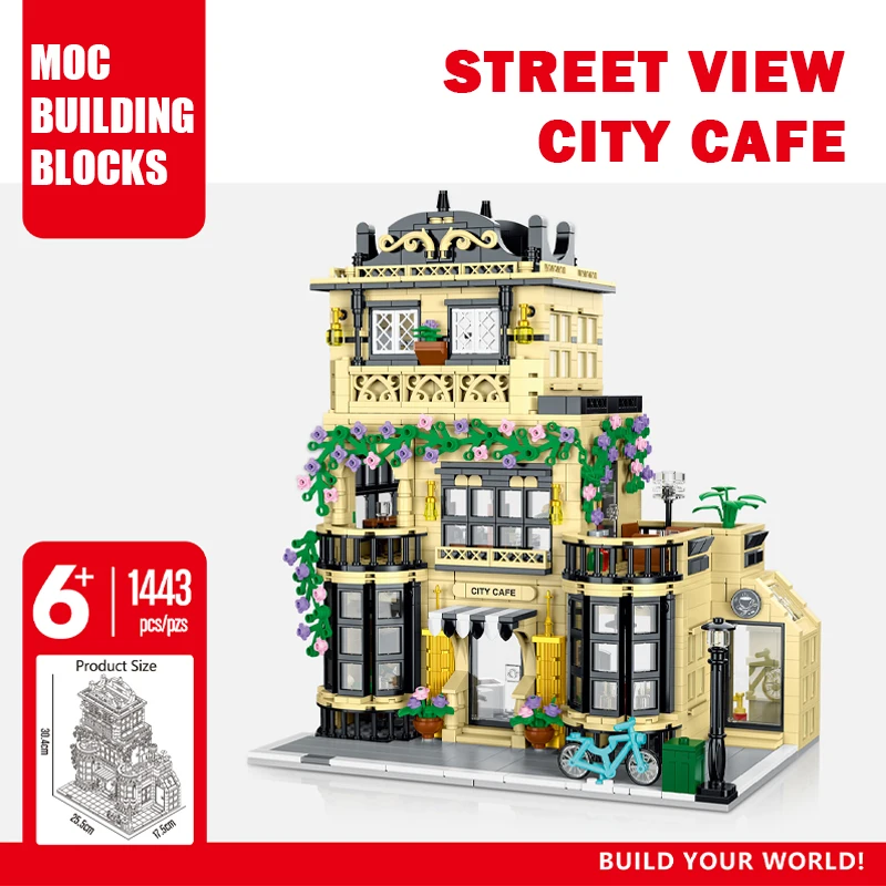 

MOC City Cafe Street View Building Blocks with LED Strip Coffee House Modern Architecture DIY Bricks Toys for Kids Adults Gifts