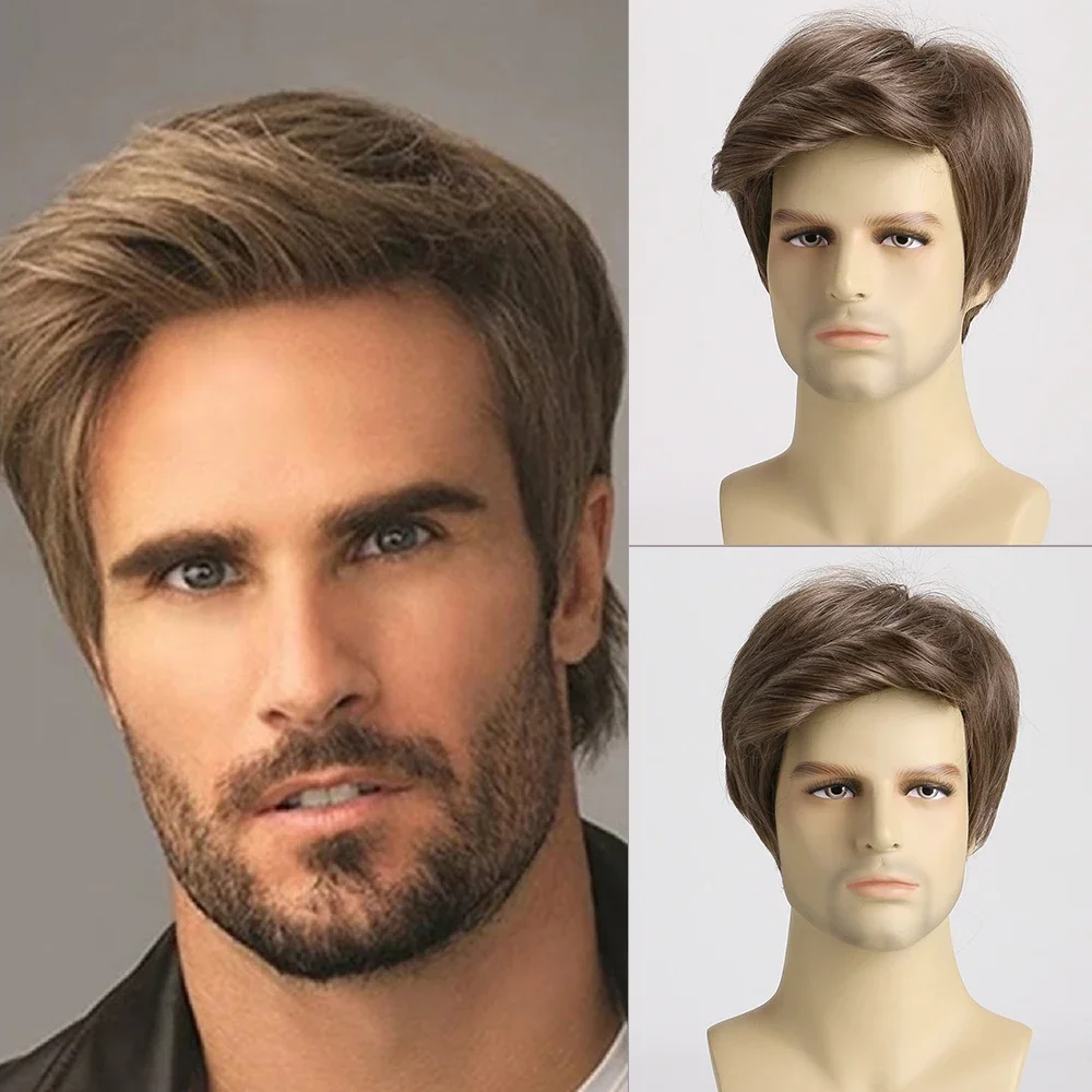 

10 Inch Short Curly Synthetic Brown Wig For Man Hair Heat Resistant Wigs With Bangs For Daily Use