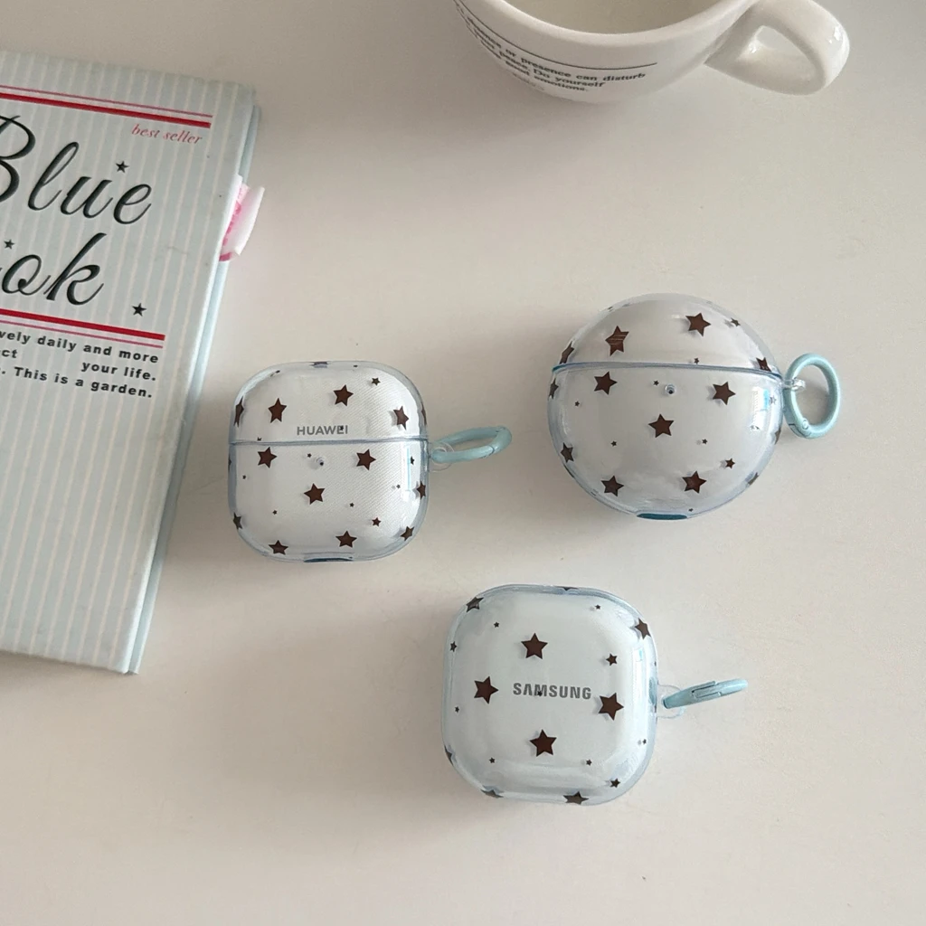 Koreanischer Stil Blaue Halbtransparente Polka Dot Stern Haken Ohrhörer-Schutzhülle für Samsung Galaxy Buds4 Pro 3 Pro 2 Pro FE Live Core