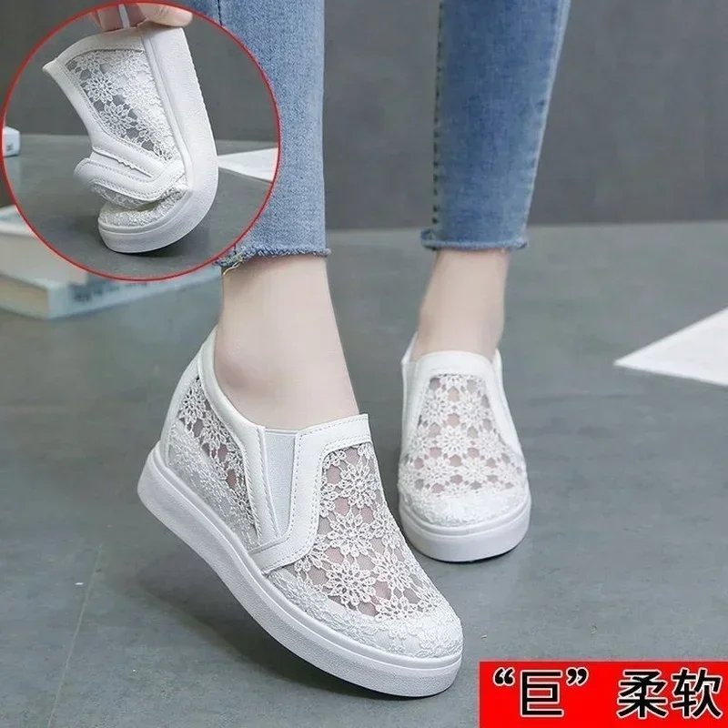 2024Lace Women Shoes  Spring Summer Wedges  For  Black White Breathable  Flower Sneakers  Loafers