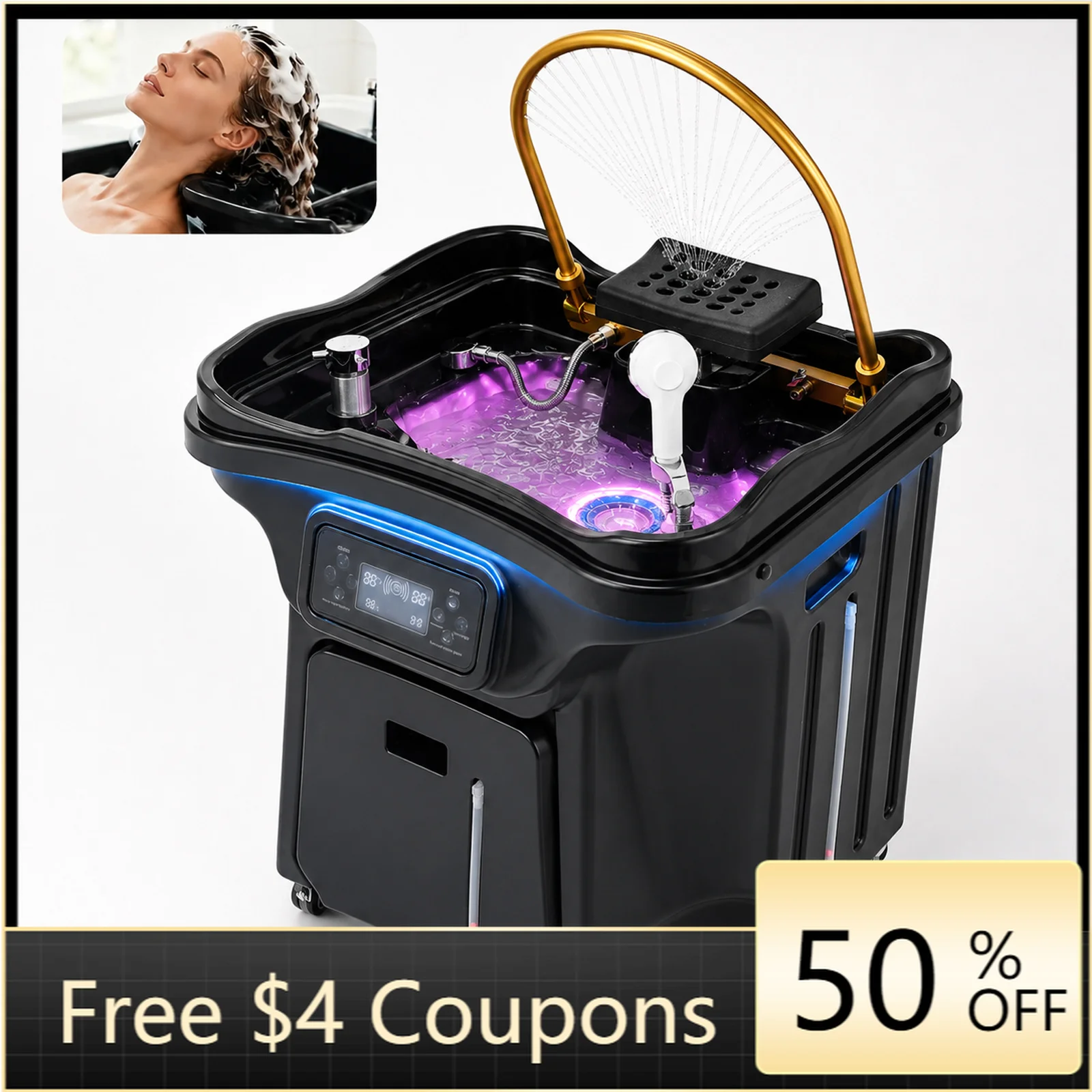 Mobile Shampoo Bowl Head Therapy Sink Thermostatic Circulating Water Head Spa Basin, Free of Water Line for Barber Beauty Salo