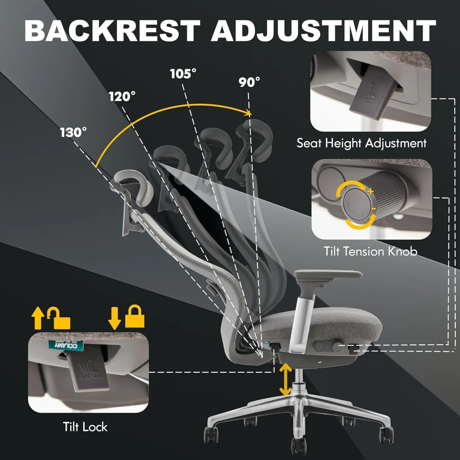 Chaise de bureau ergonomique en maille américaine, siège coulissant, siège inclinable, dossier haut, repos de sauna réglable, bras 4D