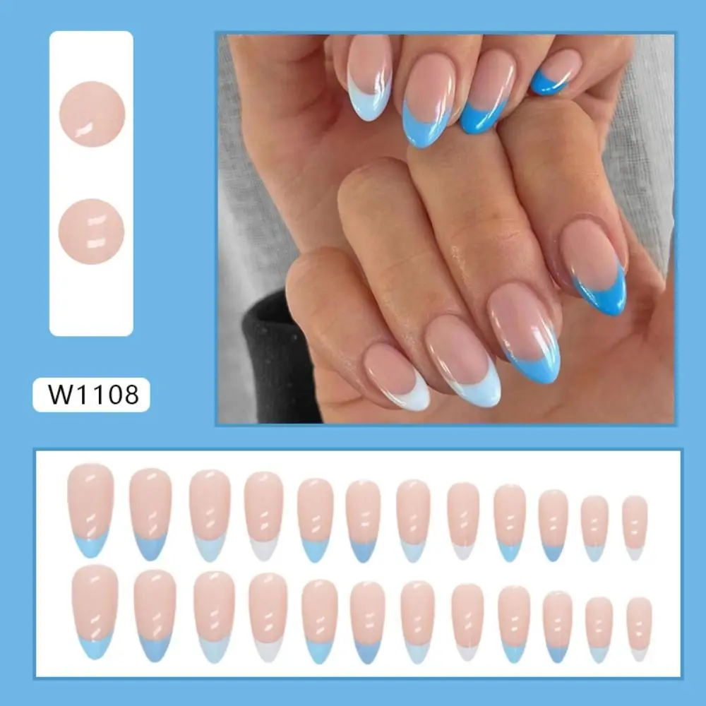 Maniküre Lange Mandel Falsche Nägel Schwarz Weiß Rand Rosa Press on Nails Französisch Abnehmbare Fake Nials Frauen