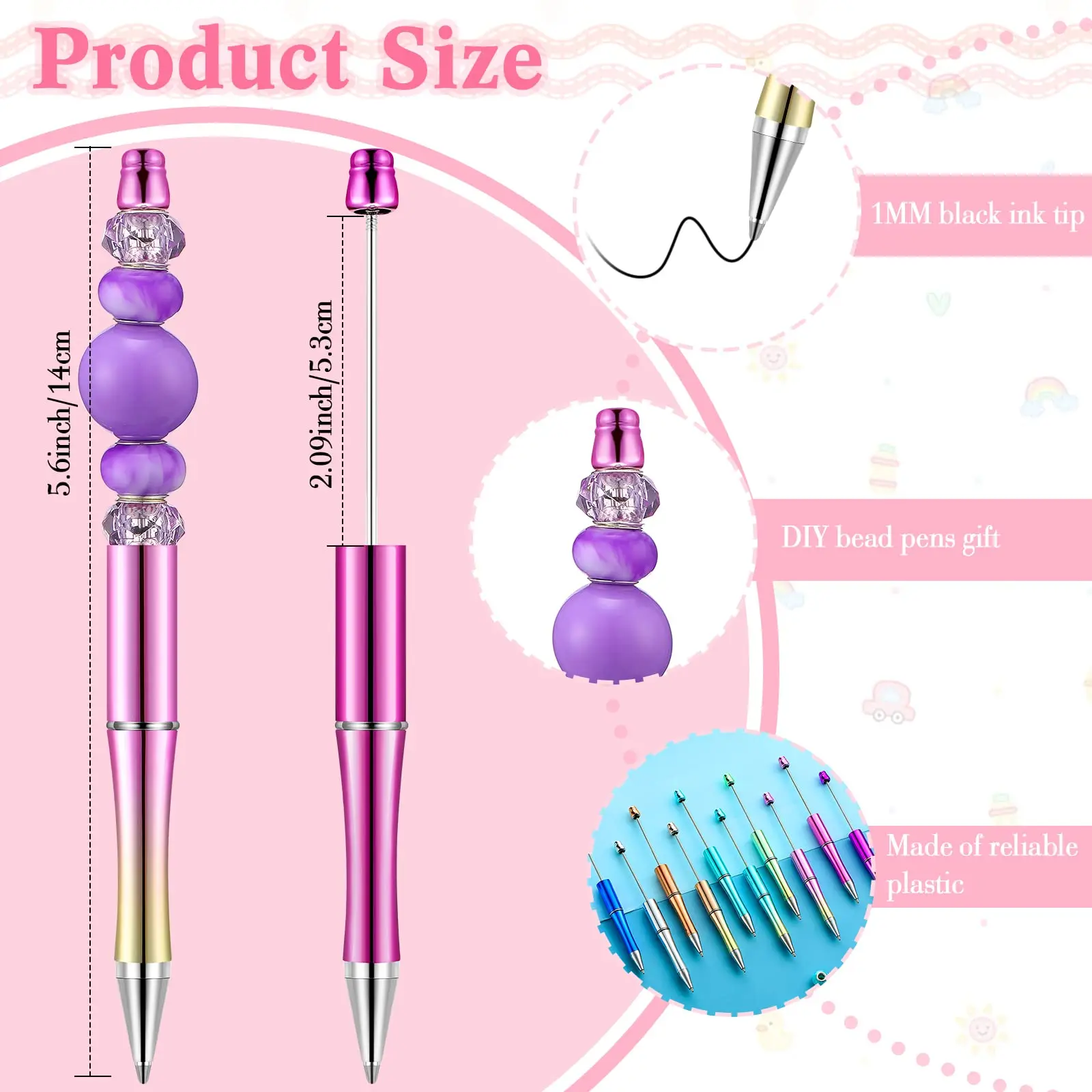 Gradiente Bead Gel Pen, Caneta Esferográfica De Plástico, DIY Beadable Caneta Esferográfica, 10Pcs