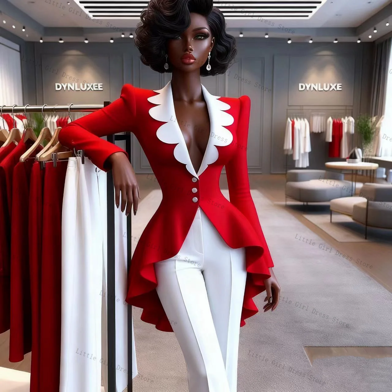 

Red White Women Suit Set 2 Piece Cotton Blazer Pants Trousers Formal Office Lady Jacket Prom Wedding Bride Coat Customized
