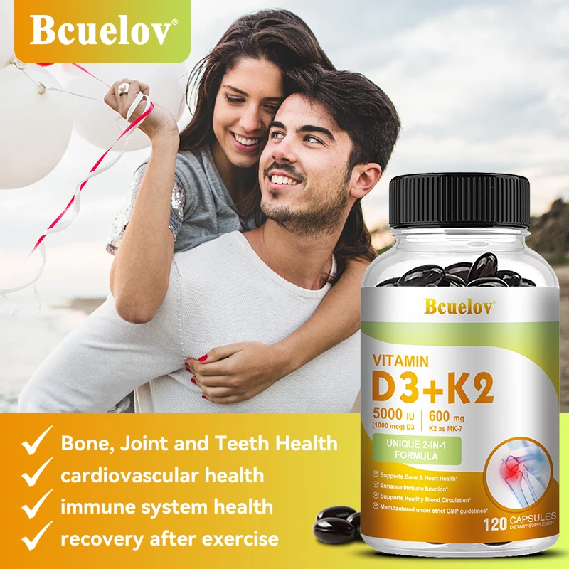 Bcuelov Vitamin D3+K2, 5000 IU Vitamin D3, non-GMO formula, easy-to-swallow vitamin D and K complex dietary supplement