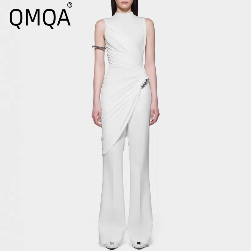 QMQA Fashion Women's Elegant Two-Piece Set Ruched Slim Sleeveless Top Draped Wide-Leg Pants Female Sets 2026 Spring New QM935