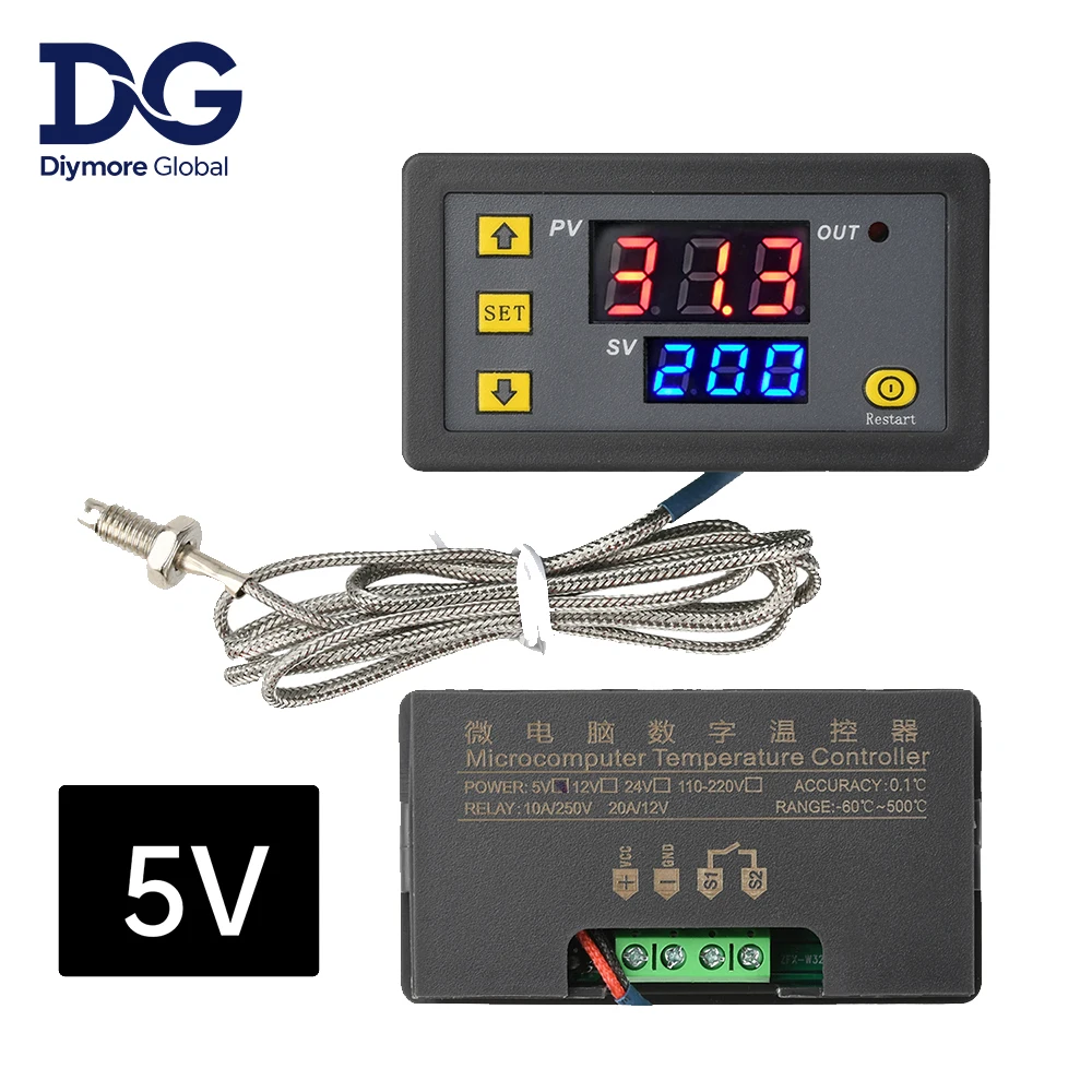 W3230 DC5V/12V/24V AC110-220V Зонд линии Цифровой контроль температуры Светодиодный дисплей Термостат с прибором управления нагревом/охлаждением